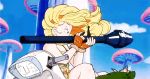  1girl 80s animated animated_gif blonde_hair dragon_ball lunch_(dragon_ball) money outdoors rocket_launcher tagme thief weapon 