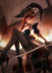  1girl absurdres blue_eyes braid breasts corset fakerx feathers flame gun hat high_heels league_of_legends long_hair miss_fortune pantyhose pirate pirate_costume pirate_hat redhead ship sitting solo stiletto_heels sword treasure_chest watercraft weapon 