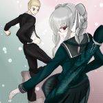  blonde_hair couple dangan_ronpa green_eyes grey_hair june183 kuzuryuu_fuyuhiko pekoyama_peko red_eyes super_dangan_ronpa_2 sword weapon 