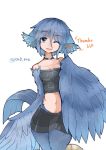  1girl :d blue_eyes blue_hair choker english eyebrows_visible_through_hair feathers female hair_between_eyes harpy midriff monster_girl navel one_eye_closed open_mouth original rnd.jpg simple_background skirt smile solo thumbs_up twitter_username white_background wings wink 