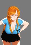  black_skirt breasts brown_eyes cleavage dress earrings jewelry large_breasts leaning_forward long_hair looking_at_viewer nami_(one_piece) one_piece orange_hair rannero shirt skirt smile tattoo 