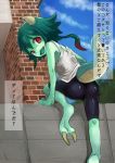  1girl :3 ass barefoot bike_shorts feet female from_behind green_hair green_skin horns monster_girl open_mouth outdoors ruu_bot soles solo tail translation_request 