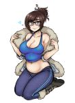  1girl bare_shoulders beads blush breasts brown_eyes brown_hair cleavage coat dsan fur_coat glasses hair_bun hair_ornament hair_stick hairpin heart kneeling large_breasts looking_at_viewer mei_(overwatch) midriff navel open_clothes open_coat overwatch plump seiza short_hair sitting smile solo spewing_mews spoken_heart stomach tank_top 