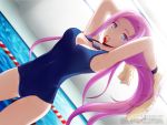  1girl absurdres armpits arms_behind_head blue_eyes breasts euphoria female goggles highres long_hair mouth_hold murasaki_ayame original pink_hair pool school solo suihara swimsuit towel wristlet 