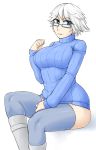  1girl blue_eyes boots breasts curvy glasses ittla legs looking_at_viewer parted_lips short_hair smile solo sweater thick_thighs thigh-highs white_hair white_skin wide_hips 