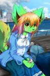  1girl artist_request blonde_hair brown_eyes dog female furry long_hair open_mouth outdoors sitting skirt sky soda solo 
