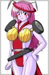  1girl 90s antennae breasts cleavage female hand_on_hip headlights large_breasts long_hair pink_hair primarda purple_skin red_eyes robot_girl smile solo steering_wheel tire windshield_wipers yuusha_ou_gaogaigar yuusha_series 