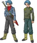  1boy character_sheet dragon_ball dragon_ball_super dragonball_z full_body male_focus official_art scarf simple_background sweater sword trunks_(dragon_ball) white_background 