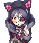  1girl animal_ears arrow_through_heart artist_name belt_collar blank_speech_bubble blush brown_eyes cat_ears coat ear_piercing eyepatch face food fur_trim hayasaka_mirei hood hood_up idolmaster idolmaster_cinderella_girls lock long_sleeves looking_at_viewer multicolored_hair padlock piercing pocky pocky_day pov pov_feeding purple_hair simple_background solo speech_bubble tsundere twitter_username two-tone_hair upper_body white_background zn_(zzzzzni) 