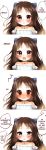  1girl blush bow brown_eyes brown_hair comic crescent hair_bow highres idolmaster idolmaster_cinderella_girls jewelry long_hair necklace open_mouth solo sweatdrop tachibana_arisu yumeno_(rubbercup) 