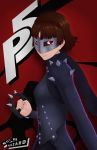  1girl artist_name brown_eyes brown_hair english highres looking_at_viewer mask niijima_makoto not_a_hazard persona persona_5 red_eyes scarf short_hair shoulder_spikes solo spikes 