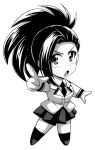  1girl black_hair blush boku_no_hero_academia breasts chibi female long_hair looking_away monochrome oujano_kaze ponytail scan simple_background skirt solo yaoyorozu_momo 