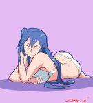  1girl ass blue_eyes blue_hair bra breasts cleavage female fire_emblem full_body long_hair looking_at_viewer lucina one_eye_closed panties simple_background solo underwear zeromomentai 