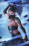  1girl armlet braid breasts bridal_gauntlets brown_hair cleavage earrings face_mask fan fighting_stance folding_fan hair_ornament half_mask highres jewelry kitana looking_at_viewer makeup mask mortal_kombat mountain multiple_braids realistic revealing_clothes solo toned watermark weapon 