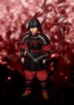  androgynous armor artist_request black_hair feather full_body gradient gradient_background helmet highres knife kofun_period original red_eyes scar sheath solo sword weapon 