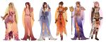  6+girls adapted_costume aerith_gainsborough breasts brown_hair cape cleavage dress final_fantasy final_fantasy_ix final_fantasy_vi final_fantasy_vii final_fantasy_viii final_fantasy_x final_fantasy_xiii garnet_til_alexandros_xvii green_hair hannah_alexander lightning_farron looking_at_viewer multiple_girls pink_hair rinoa_heartilly square_enix staff sword tiara tina_branford yuna 