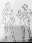  2girls ass back breasts female kos-mos large_breasts long_hair looking_at_viewer monochrome multiple_girls negresco photo simple_background sketch solo t-elos xenosaga 