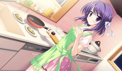  1girl apron female food game_cg mekata_mitsuki moonstone princess_evangile purple_hair saeki_nao short_hair violet_eyes 