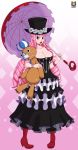  1girl bangs blush boots breasts cleavage dress drill_hair female full_body hat high_heel_boots high_heels kyoffie large_breasts looking_at_viewer one_piece open_mouth perona pigeon-toed pink_hair solo standing stuffed_animal stuffed_toy teddy_bear top_hat umbrella 