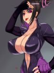  1girl black_hair bodysuit breasts capcom cleavage eyepatch han_juri huge_breasts solo street_fighter street_fighter_v tongue tongue_out twin_drills violet_eyes 