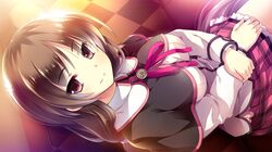  1girl brown_hair close ensemble_(company) female game_cg ichimine_touka long_hair looking_at_viewer mutou_kurihito ojou-sama_wa_gokigen_naname red_eyes school_uniform solo 