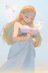  1girl absurdres bangs bare_shoulders blonde_hair blush bracelet breasts closed_eyes dress fairy highres jewelry long_hair medium_breasts necklace own_hands_clasped own_hands_together parted_bangs parted_lips praying princess_zelda sennei solo strapless strapless_dress the_legend_of_zelda the_legend_of_zelda:_breath_of_the_wild underbust white_dress 