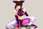  1girl abs bare_shoulders belt bracelet breasts capcom detached_sleeves drill_hair fingerless_gloves gloves halter_top han_juri jewelry sideboob solo spiked_bracelet spikes street_fighter street_fighter_iv super_street_fighter_iv twin_drills violet_eyes 