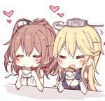  2girls bare_shoulders blonde_hair breasts brown_hair cleavage closed_eyes eating food hamburger heart iowa_(kantai_collection) kantai_collection kvlen long_hair multiple_girls open_mouth red_neckerchief saratoga_(kantai_collection) 