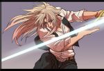  1boy ag_ss41 balmung_(fate/apocrypha) dark_skin fate/apocrypha fate_(series) long_hair male_focus saber_of_black simple_background slashing solo sword weapon white_background white_hair 