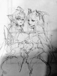  2girls breasts capcom curvy large_breasts long_hair monochrome morrigan_aensland multiple_girls negresco photo sketch smile succubus t-elos vampire_(game) xenosaga 