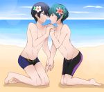  2boys flower hand_holding high_speed! kirishima_ikuya male_focus multiple_boys nanase_haruka_(free!) swim_trunks 