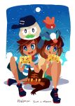  10s 1boy 1girl beanie blue_eyes brown_hair female_protagonist_(pokemon_sm) handheld_game_console hat litten male_protagonist_(pokemon_sm) nintendo nintendo_3ds pokemon pokemon_(game) pokemon_sm popplio powlet projecttiger sitting smile 