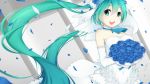  1girl aqua_eyes aqua_hair bouquet bridal_veil detached_sleeves dress female flower hatsune_miku highres jie_(artist) long_hair looking_at_viewer petals smile solo tied_hair twintails veil very_long_hair vocaloid wedding_dress 