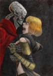  1boy 1girl ainz_ooal_gown armor artist_request blonde_hair cape clementine_(overlord) crown_of_thorns hood hug jewelry looking_at_another open_mouth overlord_(maruyama) red_eyes ring scared skeleton 