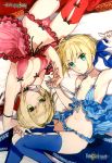  2girls ahoge arm_ribbon arm_up armpits babydoll blonde_hair blue_eyes blue_legwear blue_panties bow bow_panties braid breasts choker cleavage eyebrows eyebrows_visible_through_hair fate/extella fate/extra fate_(series) french_braid front-tie_top green_hair hair_bun hair_intakes hair_ribbon highres looking_at_viewer lying medium_breasts multiple_girls navel panties pink_panties red_legwear ribbon ribbon_choker saber saber_extra scan short_hair small_breasts smile thigh-highs underwear underwear_only wada_aruko 