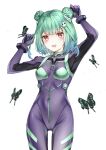  1girl absurdres cosplay double_bun formal green_hair hair_ornament highres hololive looking_at_viewer neon_genesis_evangelion open_mouth red_eyes skull_hair_ornament smile solo suit uruha_rushia virtual_youtuber yukineko1018 