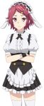  1girl alternate_costume cosplay cp9a crossed_arms enmaided gochuumon_wa_usagi_desu_ka? hair_ornament kirima_sharo kirima_sharo_(cosplay) maid maid_headdress minase_koito musaigen_no_phantom_world red_eyes redhead seiyuu_connection short_hair solo thigh-highs uchida_maaya white_background white_legwear 