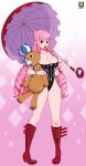  1girl angry bangs blush boots drill_hair female full_body high_heel_boots high_heels knee_boots kyoffie looking_at_viewer one_piece open_mouth perona pigeon-toed pink_hair solo standing stuffed_animal stuffed_toy swimsuit teddy_bear umbrellas 