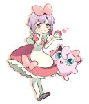  1girl :3 apron artist_name bow cosplay creature crossover dress fairy_tale_girl_(pokemon) frilled_dress frills full_body hair_bow hand_on_own_face heart holding holding_poke_ball idolmaster idolmaster_cinderella_girls jigglypuff koshimizu_sachiko looking_at_viewer mary_janes no_nose pantyhose pink_dress poke_ball pokemon pokemon_(creature) puffy_sleeves purple_hair shoes short_hair simple_background solo twitter_username white_background white_legwear zn_(zzzzzni) 