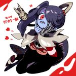  1girl blue_skin detached_collar detached_sleeves dress hair_over_one_eye leviathan_(skullgirls) skull skullgirls solo squigly_(skullgirls) stitched_mouth striped striped_legwear striped_sleeves twintails zombie 