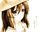  1girl artist_name bangs brown_hair character_name copyright_name hair_between_eyes hat icchi looking_at_viewer monochrome simple_background smile solo sun_hat sundress tokyo_ravens tsuchimikado_natsume white_background 