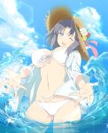  1girl blue_eyes blush breasts grey_hair hat high_res highres large_breasts looking_at_viewer navel one_eye_closed open_clothes open_mouth senran_kagura senran_kagura_(series) smile solo standing swimsuit tagme waifu2x yumi_(senran_kagura) 