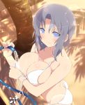  1girl bare_shoulders blue_eyes blush breasts cleavage grey_hair high_res highres large_breasts looking_at_viewer open_clothes senran_kagura senran_kagura_(series) smile solo swimsuit tagme waifu2x wet yumi_(senran_kagura) 