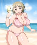  1girl altc41096 blush breasts brown_eyes brown_hair cleavage hair_ornament idolmaster idolmaster_cinderella_girls large_breasts looking_at_viewer mimura_kanako navel open_mouth plump shiny shiny_skin short_hair smile solo standing swimsuit thick_thighs 