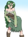  00s 1girl bare_shoulders braid breasts cleavage dress green_eyes green_hair long_hair momi_(pokemon) open_mouth pokemon pokemon_(game) pokemon_dppt solo standing very_long_hair zaitsu 