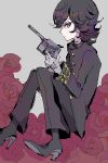  1boy androgynous black_hair blue_eyes boots buttons flower from_side full_body gloves gun high_heels knees_up looking_at_viewer lupin_iii male_focus oscar_(lupin) roses simple_background sitting solo tsurime wavy_hair weapon 
