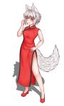  1girl alternate_costume animal_ears bare_legs blush china_dress chinese_clothes dress hand_on_hip highres inubashiri_momiji legs looking_at_viewer nakan_(nakan9130) red_eyes shadow short_hair side_slit silver_hair simple_background solo tail touhou white_background wolf_ears wolf_tail 