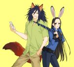  1boy 1girl animal_ears animal_tail artist_request black_eyes black_hair cellphone crossover disney fox_ears fox_tail grin long_hair looking_at_another looking_at_viewer naruto parody police police_badge police_uniform policewoman rabbit_ears simple_background smartphone tail uchiha_madara uniform upper_body yellow_background zootopia 
