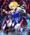  1girl aisha_clarisse blonde_hair blood blue_eyes bodysuit breasts cyborg female gloves gun large_breasts lilith-soft long_hair multiple_arms restrained rifle solo taimanin_asagi taimanin_asagi_battle_arena tentacle weapon zol 