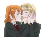  2girls blush brown_hair closed_eyes hand_on_another&#039;s_hand hands_on_another&#039;s_cheeks hands_on_another&#039;s_face kiss kousaka_honoka long_hair love_live!_school_idol_project manasseh minami_kotori multiple_girls orange_hair school_uniform short_hair side_ponytail smile yuri 